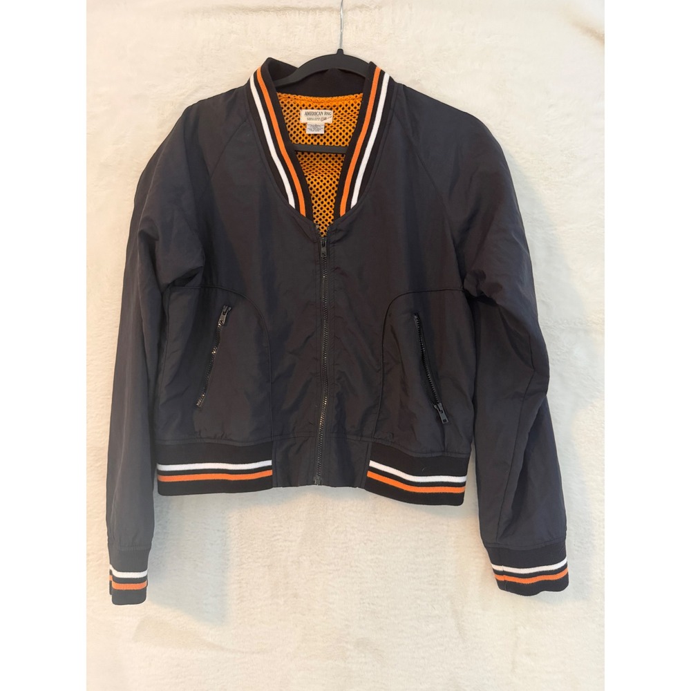 American Rag Bomber Jacket Womens Medium Black Orange Striped Mesh Windbreaker